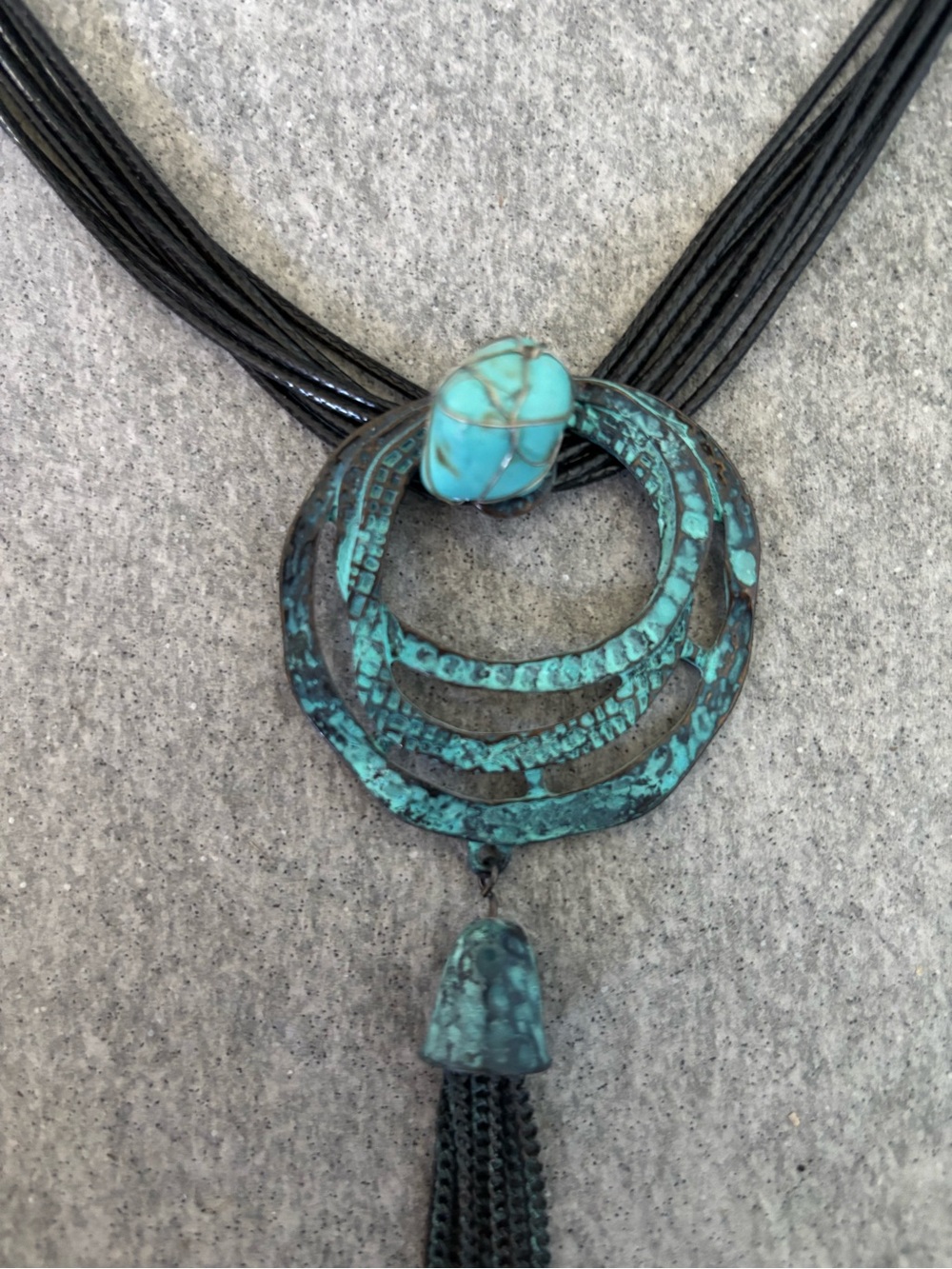 Modern Southwestern Turquoise / Howlite Drop Pendant Black Multi-Strand Necklace